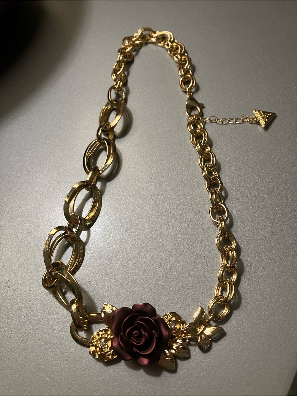 Guess Gold-Tone Chain Necklace with Burgundy Rose Accent